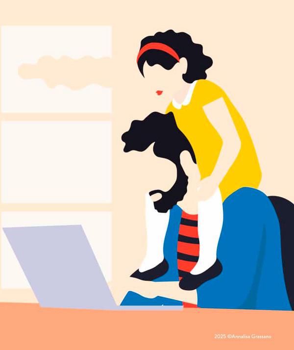 Dad and daughter at work. Editorial illustration published on MIT Sloan Review Management. ©Annalisa Grassano